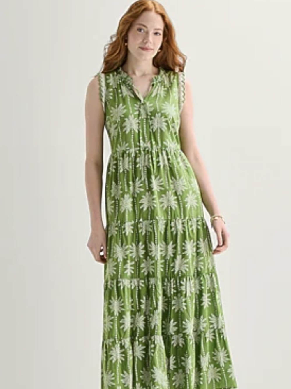 jcpenney Green Sleeveless Floral Tiered Maxi Dress with White Print